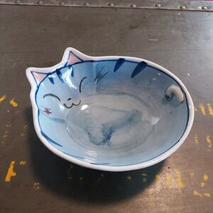 Yume-Kobo Japanese Blue Sleeping Cat Ceramic Bowl Crackle Glaze 3D Tail 6 Inch
